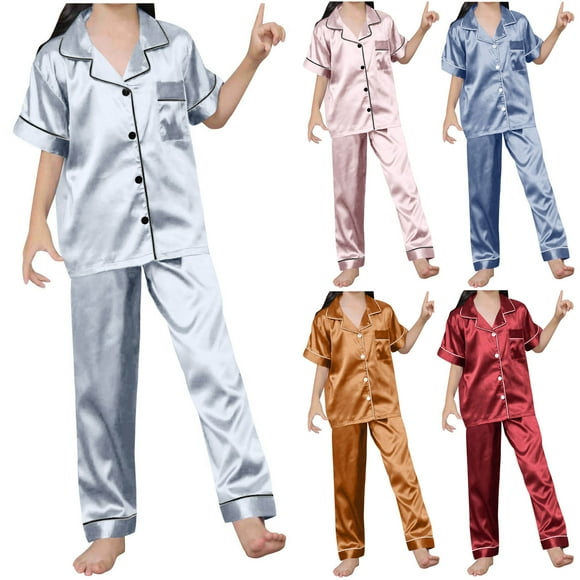 Jinhomg Pajama for Kids 2 Piece Soft Comfy Satin Lounge Sets Boys Girls Casual Solid Short Sleeve Button Down Shirts with Elastic Waist Pants Winter Saving Orange 5 Years