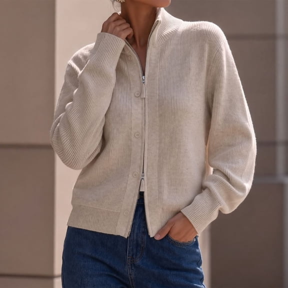 Tusihei Women Knit Zipper Up Cardigan Stand Collar Long Sleeve Sweater Jacket Daily Autumn Outerwear, Beige M