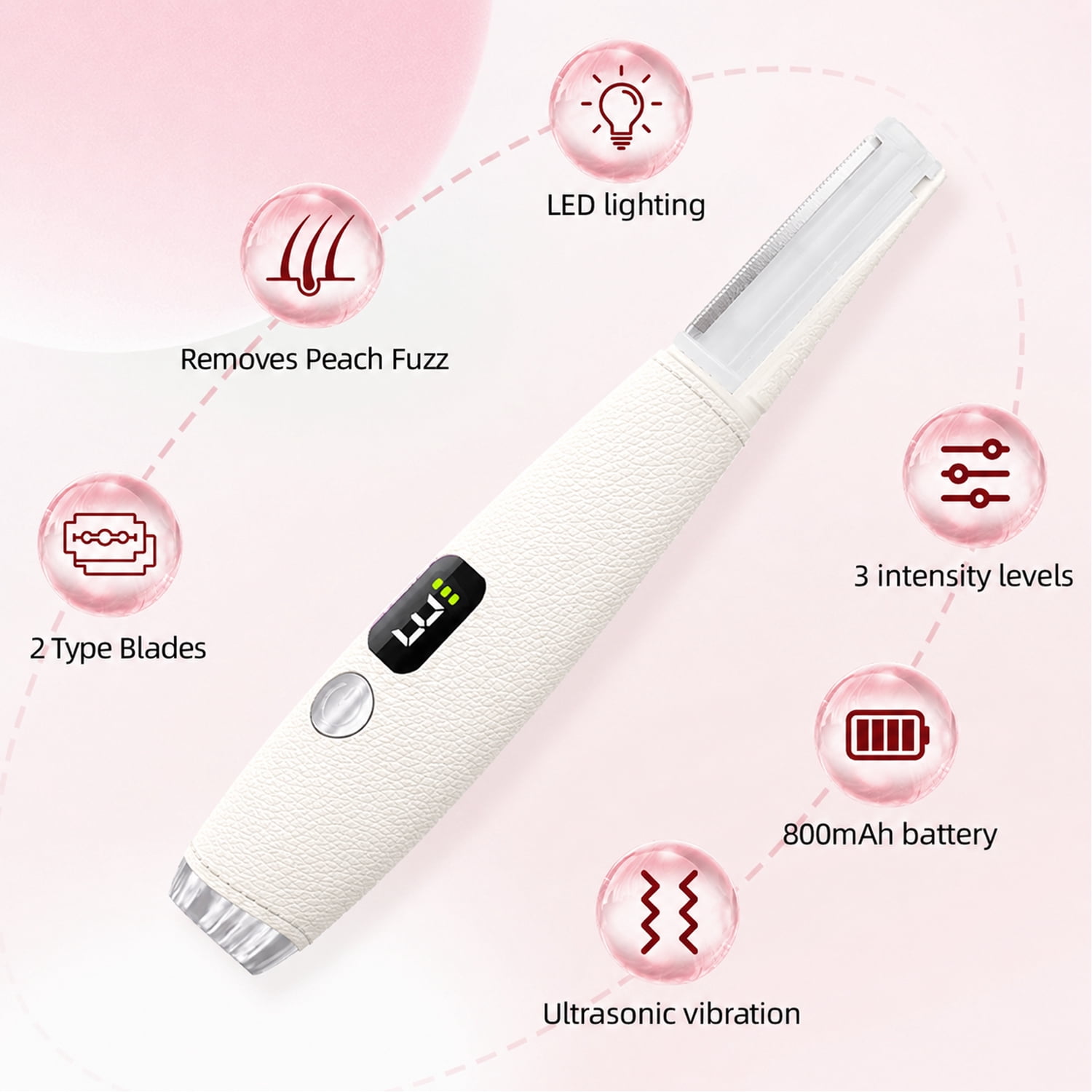 Sonic Dermaplaning Tool for Women, Rechargeable Face Dermaplane Razor with 14,000 Vibrations, 3 Speeds with LED Light, 12 Blades for Peach Fuzz Removal & Facial Exfoliation(White)