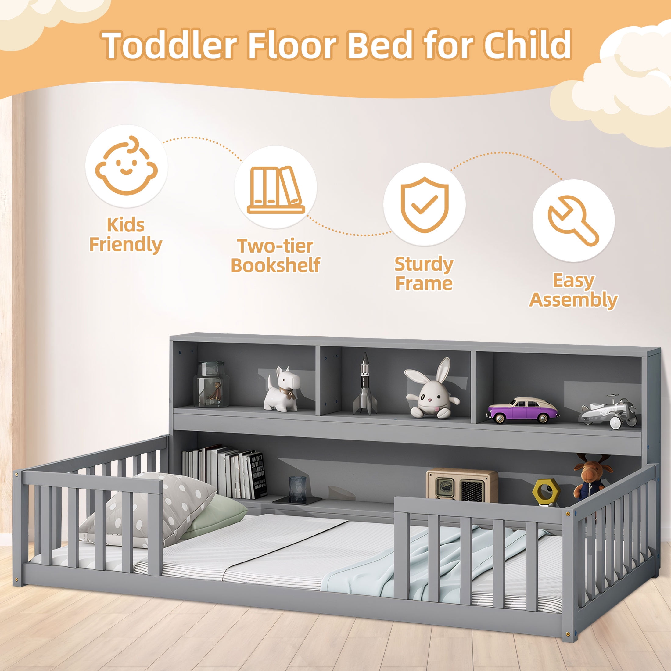 PORKISS Standard Pine Wood Floor Bed Frame with Bookcase and Fence, Full