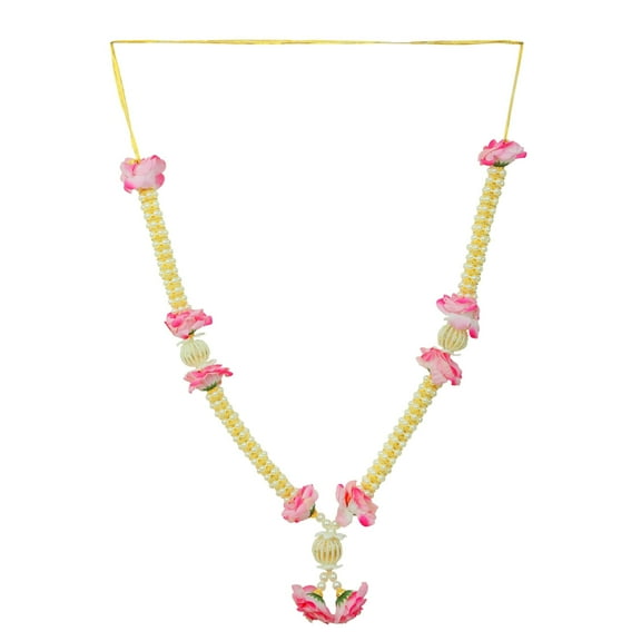 Artificial Mala Rose Flowers Ribbon Garland large Mala for Idol-Mala with beads God Statues Accessories Pooja Sringar Articles Ornament Indian Traditional New year Gifts Decoration(Size:16")(Pink)