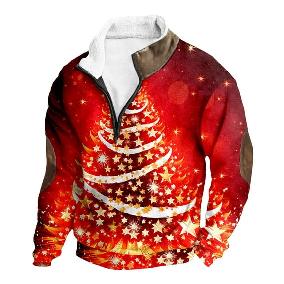 Men's Clothing Men Christmas Printed High Neck Half Zip Hooded Sweatshirt Casual Trendy Comfortable Business And Foreign Trade Sweatshirt Fall Shirt Dad Mens Sweat Suits for Men No Hood Pink M