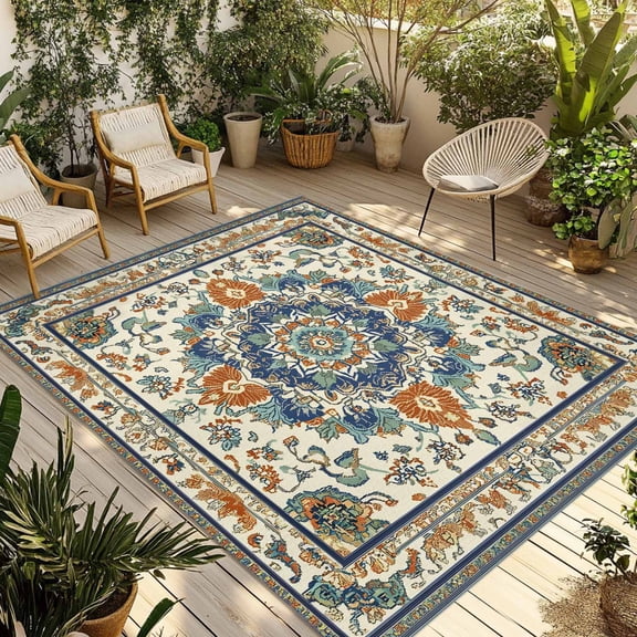Southwest Farmhouse Outdoor Rug 5x8 Ft - Reversible Patio Rug Outdoor Camping Rugs, Orange Blue Desert Bohemian Washable Indoor Outdoor Area Rugs, Non-Slip Outdoor Carpet Runner for Deck/Porch