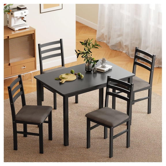 5-Piece Kitchen Table Set for 4, Farmhouse Dining Set with Upholstered Chairs, Black Rubber Wood Dining Table and Chairs for Small Space