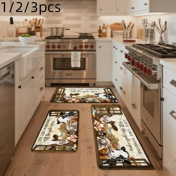 3PCS Mat Set, Welcome Door Rug, Home Decoration for Front Door, Kitchen, Bathroom, Live Like Someone Left The Gate Open Cow Pattern Kitchen Mat, Great Gift for Woman.