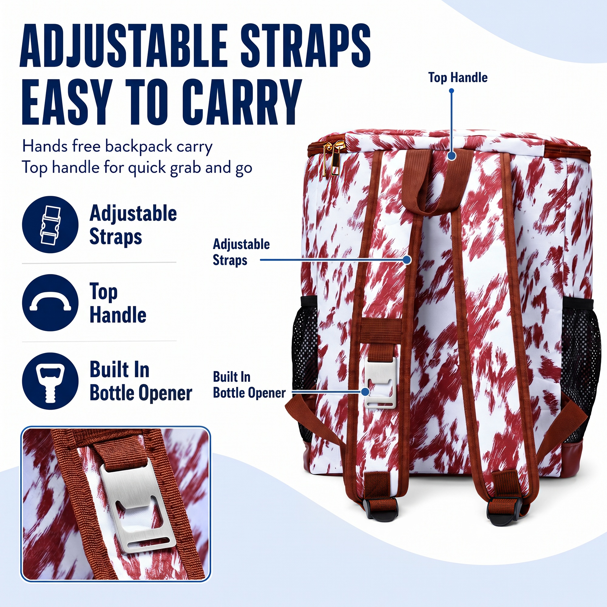 Mochila hielera para 24 latas, aislada y resistente a fugas, con abridor de botellas, estampado de vaca 7