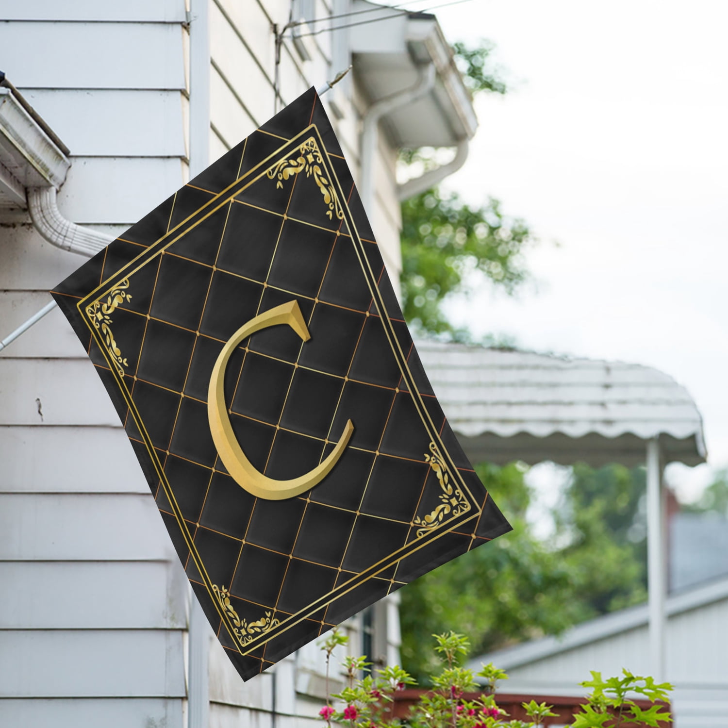 America Forever Monogram C House Flag, 28 x 40 inch Double Sided, Black Gold Quilted Design, Decorative Letter C Flag, Elegant Monogrammed Banner, Personalized Initial Outdoor Decor, Yard Flag