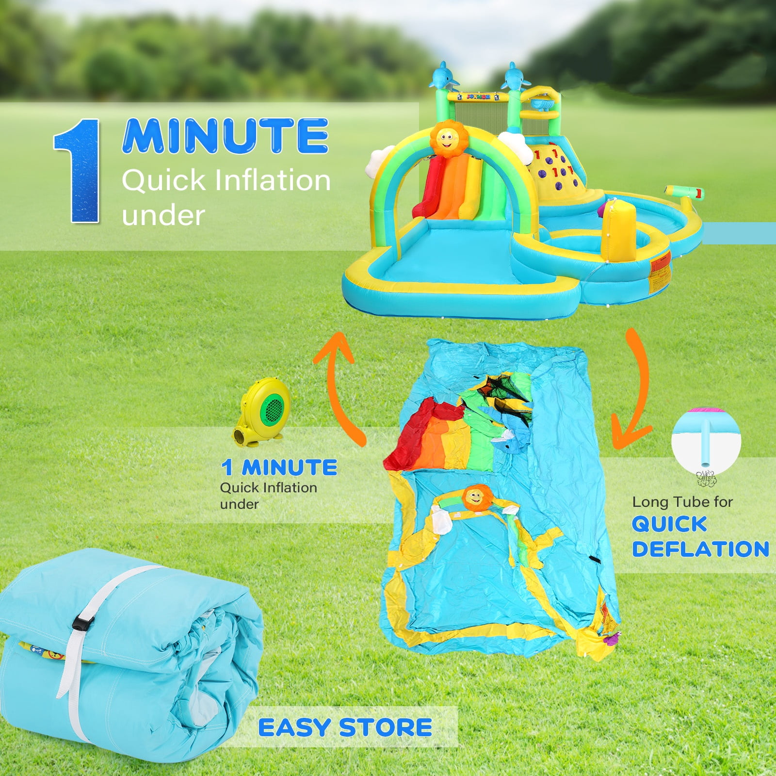 Ktaxon Inflatable Bounce House with Water Bucket, Rainbow Sprinklers, Water Slide Bounce House With Blower, Inflatable Water Slide Park for Party, Backyard, Lawn