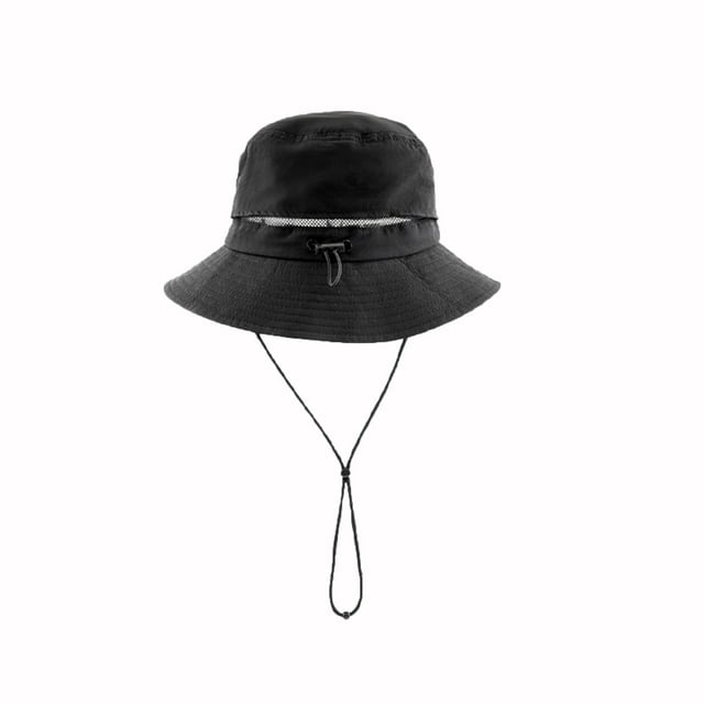 Black Unisex Solid Color Foldable Breathable Sun Hat Fisherman Hat Black With Drawstring For Sun Protection Head Circumference 21.26-22.83 Inch