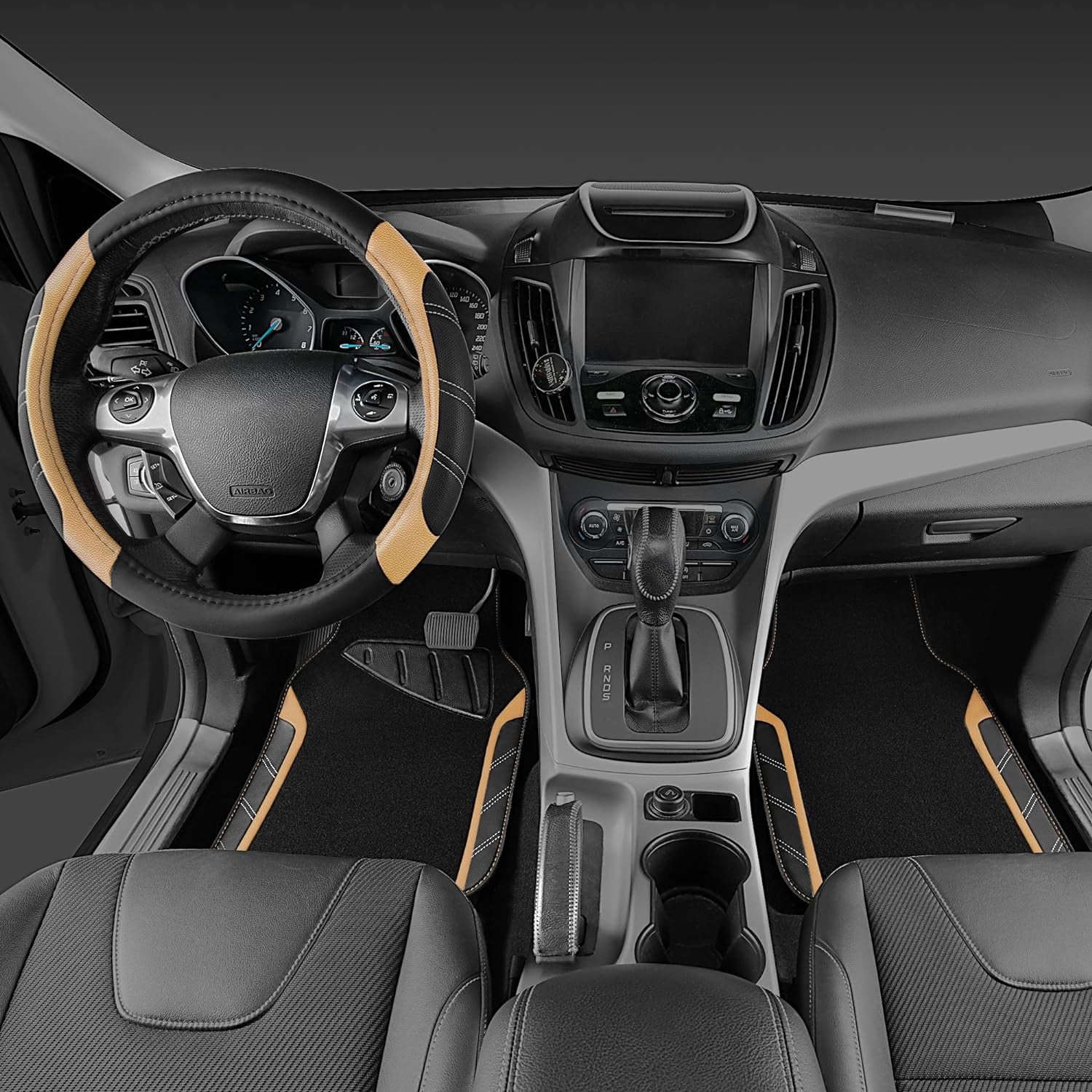 CAR GRAND Microfiber Steering Wheel Cover and Waterproof Car Floor Mats,Leather Universal Car Combo Fit for 95% Truck,SUV,Cars,14.5-15inch Sporty Anti-Slip Safety Comfortable Design(Black and Beige)
