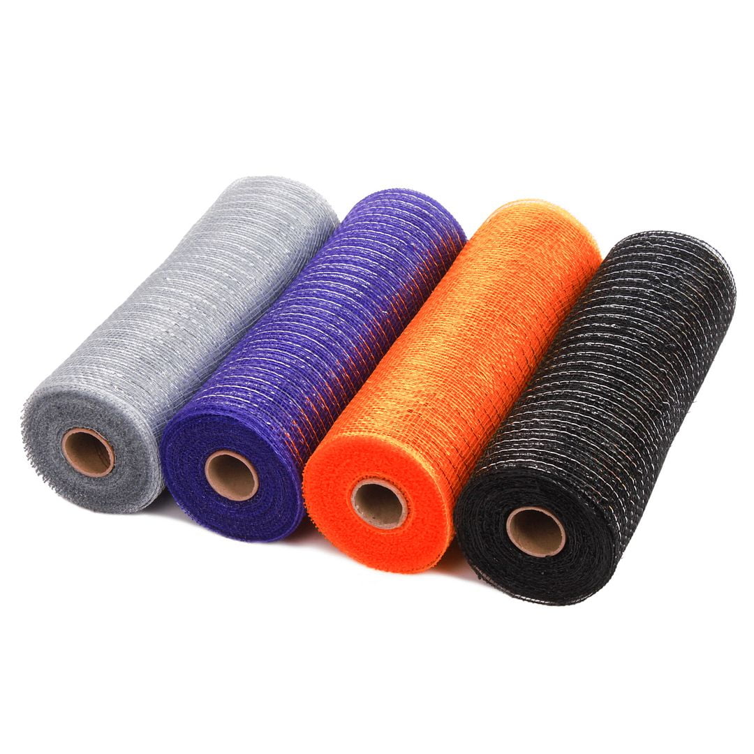 WRAPAHOLIC Easter Deco Mesh Kit 4 Rolls of 10&quot; Decorative Mesh in Four Colors, Orange, Purple, Black, Silver-10inch x 30feet each