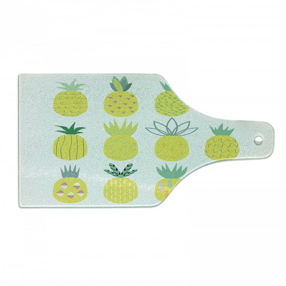 Pineapple Cutting Board, Composition of Pineapples with Different Patterns Lines Rhombuses and Zigzags, Tempered Glass Cutting and Serving Board, Wine Bottle Shape, Multicolor, by Ambesonne