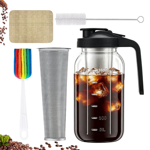 Godance Cold Brew Coffee Maker, 64oz Cold Brew Pitcher with Stainless Steel Filter & Coffee Mat, Glass Cold Brew Mason Jar with Airtight Lid, Cold Brew Brewer Kit for Iced Coffee, Ice Tea, Lemonade