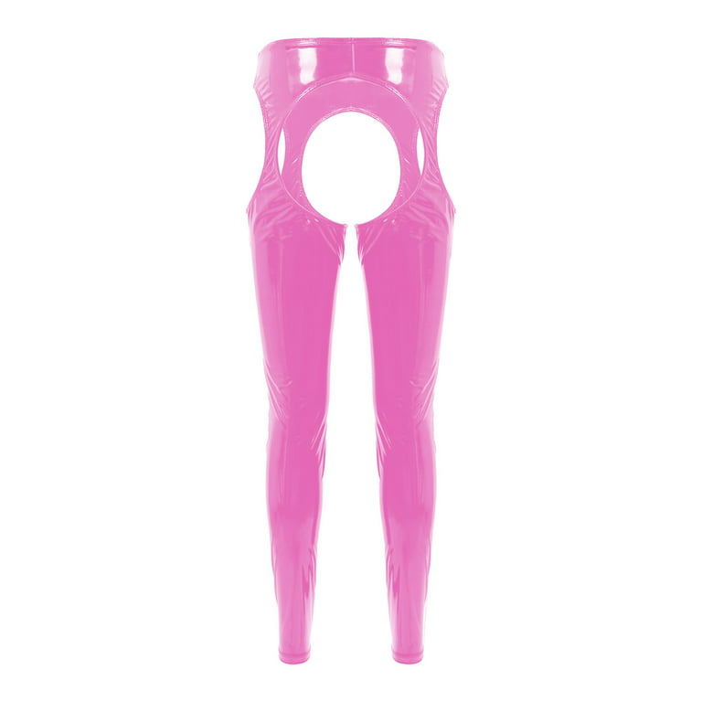 YONGHS Women's Patent Leather Hollowing Out Bottoms Leggings Long Assless  Chaps Pants Pink M