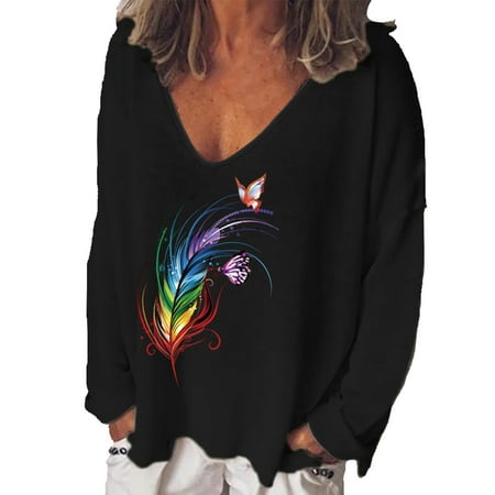 

Fashion Women Casual V- Neck Butterfly Print Long-sleeved T-shirt black long sleeve shirt women corset tops for women Black XXL