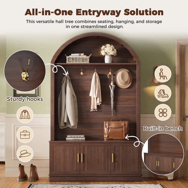 Farmhouse Hall Tree with Arched Top, Mid-Century Fluted Door Entryway Bench with Storage Cabinets & Adjustable Shelves, Coat Rack with 5 Metal Hooks for Hallway