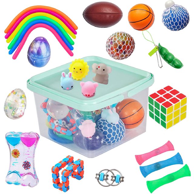 24 Pack Bundle Sensory Fidget Toys Set-Liquid Motion Timer/Grape Ball/Mochi Squishy/Stretchy String/Flippy Chain/Easter Egg/Marble Mesh/Squeeze Bean/Cube for Autistic Kids, ADHD, Anti-Stress Toys