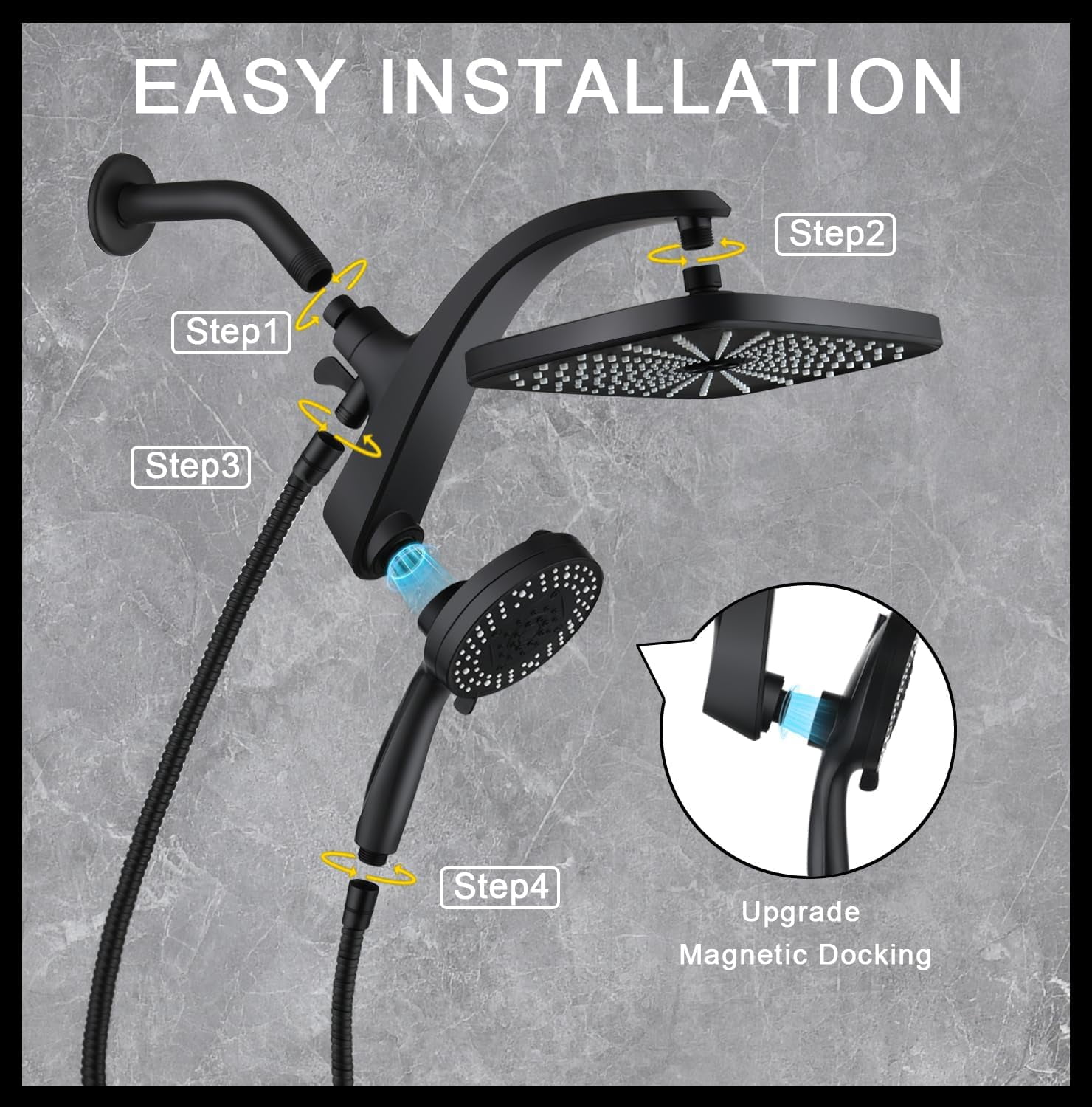 High Pressure Rain Shower Head: Upgrade Shower Heads with Handheld Spray Combo with Fixed Showerhead and 10 Sprays Handheld Shower Head, Detachable Showerheads