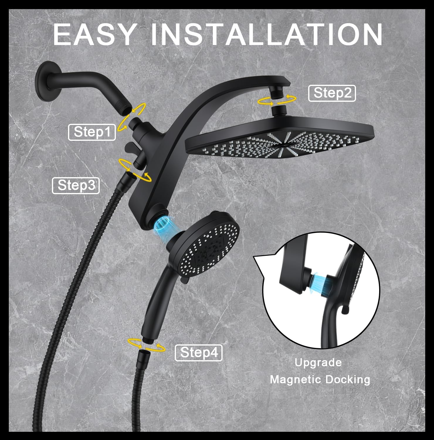 KESTE 12-Inch High Pressure Rain Shower Head Combo, Black photo 7