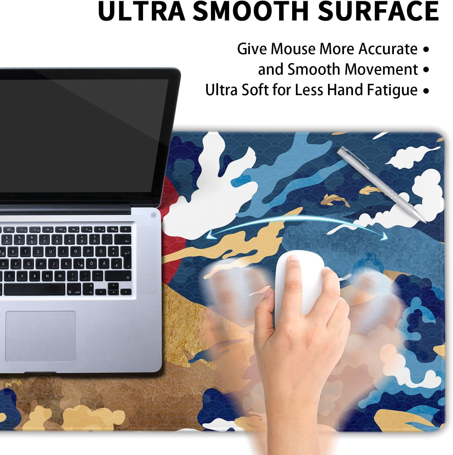 Blue White Japanese Anime Gaming Mouse Pad XXL Aesthetic Gold Mountian Red Sun Extended Big Large Desk Mat Non-Slip Rubber Base Stitched Edge Long Keyboard Mousepad for PC Computer,35.4×15.7 Inches