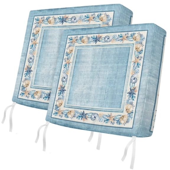 Outdoor Patio Cushion Covers 2 Pack Starfish Shell Frame Chair Pads Slipcovers with Ties & Zipper Waterproof Seat Cover Sky Blue Coastal Coral Seat Cushion Covers for Outdoor Couch Sofa 24x24 Inch