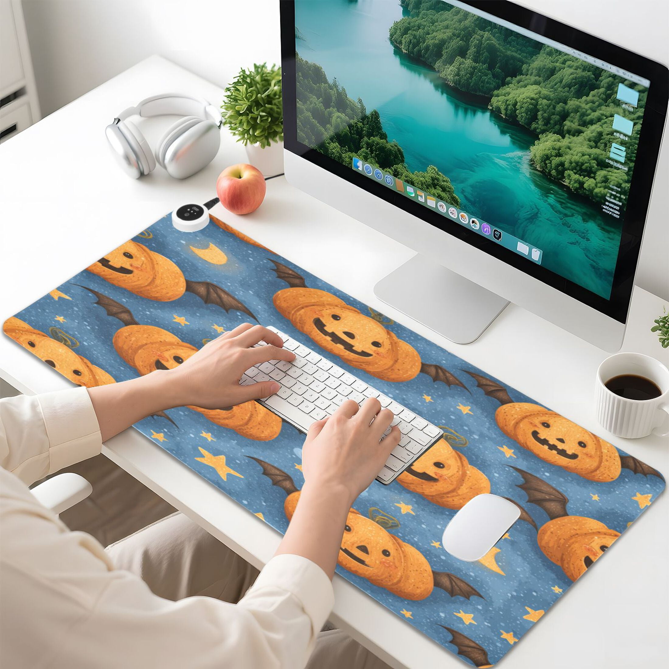 Large Heated Desk Mat Mouse Pad 31.5"x13"PU Leather Graphene Heating Desk Warmer with 3 Temperature Settings 110V US Plug Non-Slip Warm Pad for Home, Office, and Gaming Spooky Evil Pumpkin Designs