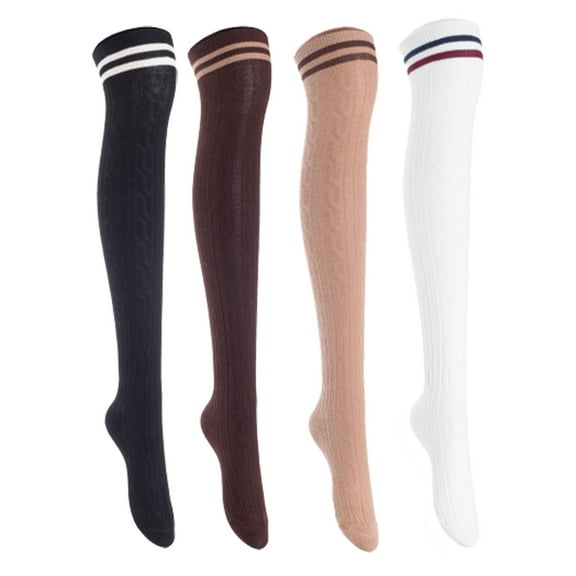 Lian Lifestyle Women's 4 Pairs Incredible Durable Super Soft Unique Over Knee High Thigh High Cotton Socks, Size US 6-9, JMYP1023 Black, Coffee, Khaki, White