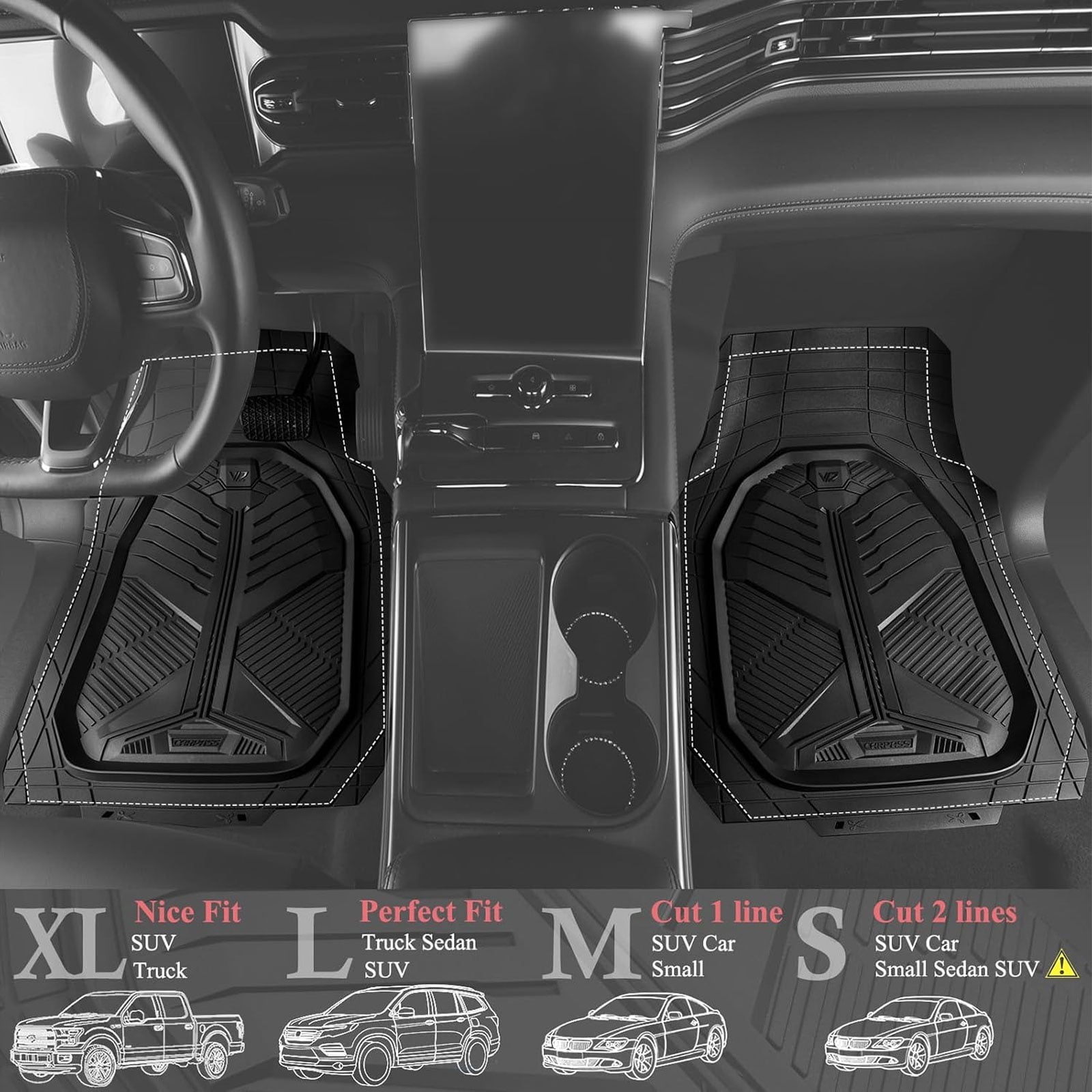 CAR GRAND Heavy duty rubble car floor mats full set deep dish trunk mat water proof anti slip all weather truck mats universal fit trim-to-fit trimmable all black