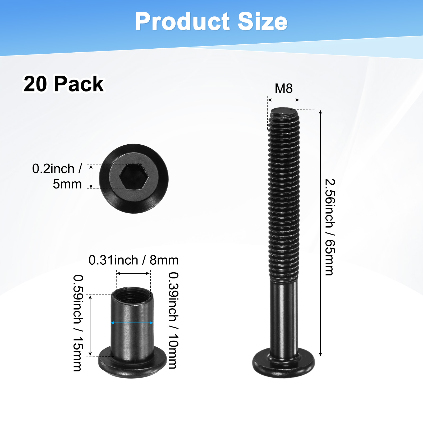 Uxcell 20-Pack Hex Drive Socket Cap Bolt M8 x 43mm Carbon Steel for Furniture