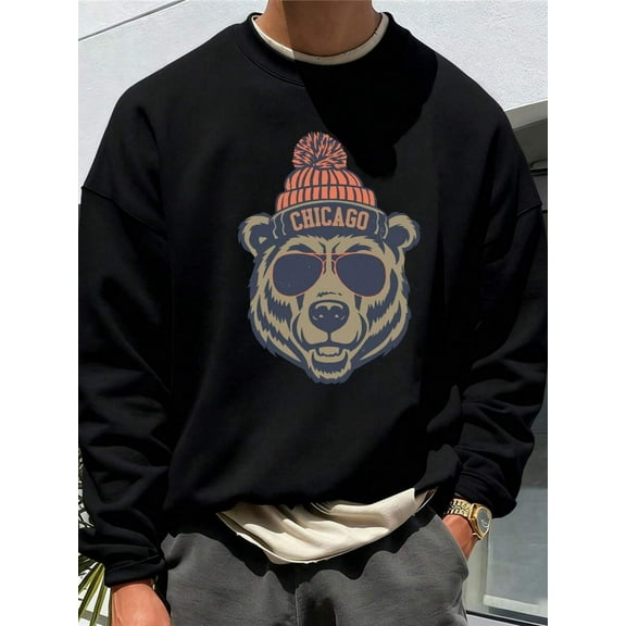 Men's Casual Loose Fit Crew Neck Sweatshirt With Bear Head Graphic Print, Chicago-Inspired Design