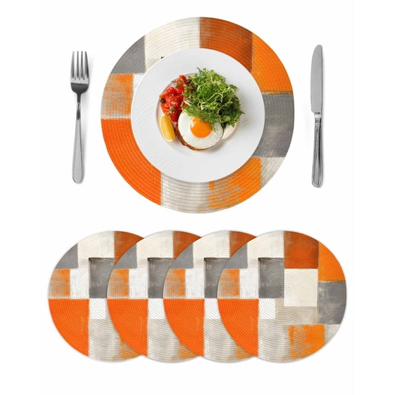 Burnt Orange Round 15 Inch Placemats Set of 4, Grey Modern Abstract Art Oil Painting Geometric HeatResistant Non Slip Place Mats for Dining Table, Wipeable Braided Kitchen Table Mats for Housewarming