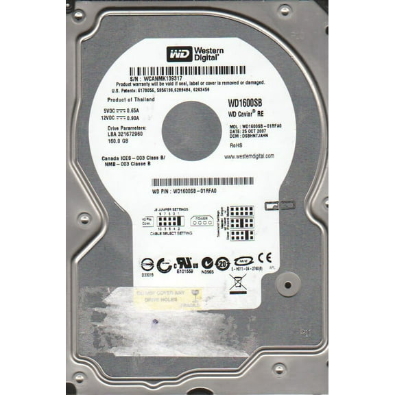 WD1600SB-01RFA0, DCM DSBHNTJAHN, Western Digital 160GB IDE 3.5 Hard Drive