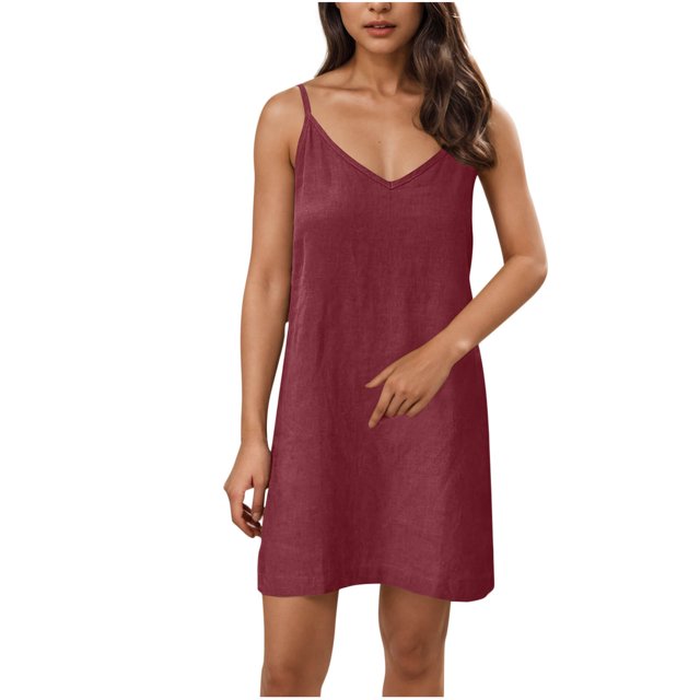 Dvprdro Robe Mini en Coton d'Été à Bretelles Spaghetti pour Femmes 2025 Décontractée Classique Solide Confortable Légère Col en V Robe de Plage Soleil