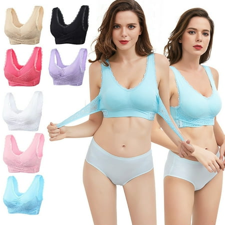 

Women Comfort Bra Solid Color Lace Cross Side Buckle Wireless Push Up Underwear New