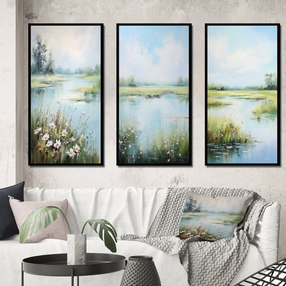 Designart "Meadow Calm Waters III" Floral Framed Wall Art Set Of 3 - Green Meadow Frame Gallery Set For Office Decor