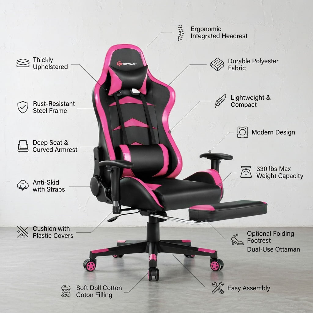 Demi Bonn Massage Gaming Chair with Footrest, Computer Chair with Headrest and Lumbar Support, Pink
