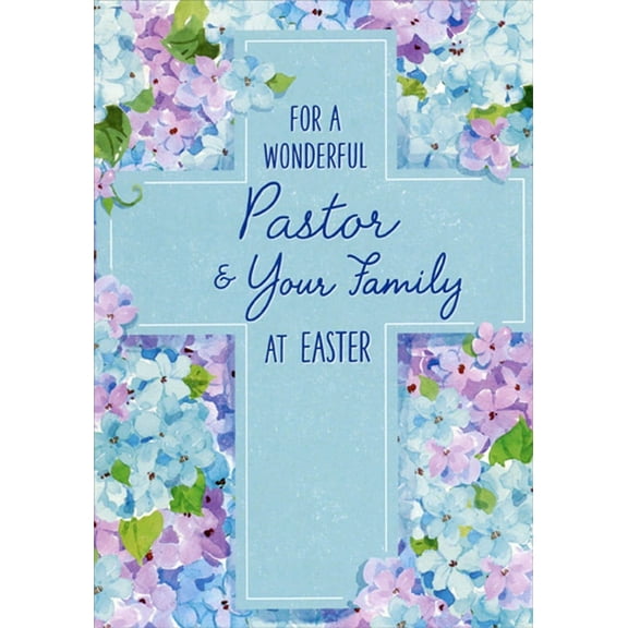 Designer Greetings Thin White Line Cross on Light Blue Over Pink and Blue Flowers Pastor and Family Easter Card