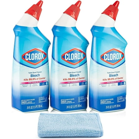 3 Clorox Toilet Bowl Cleaner with Bleach, Rain Clean 24 oz, - BONUS Microfiber Cleaning Cloth