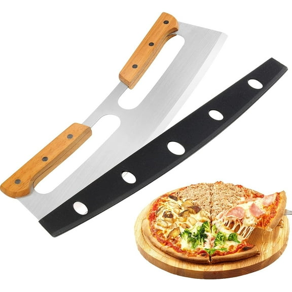 LQQBOX Pizza Cutter Rocker with Wooden Handles & Protective Cover, 13.82" Sharp Stainless Steel Pizza Slicer Wheel, Big Pizza Knife Cutters for Kitchen Tool