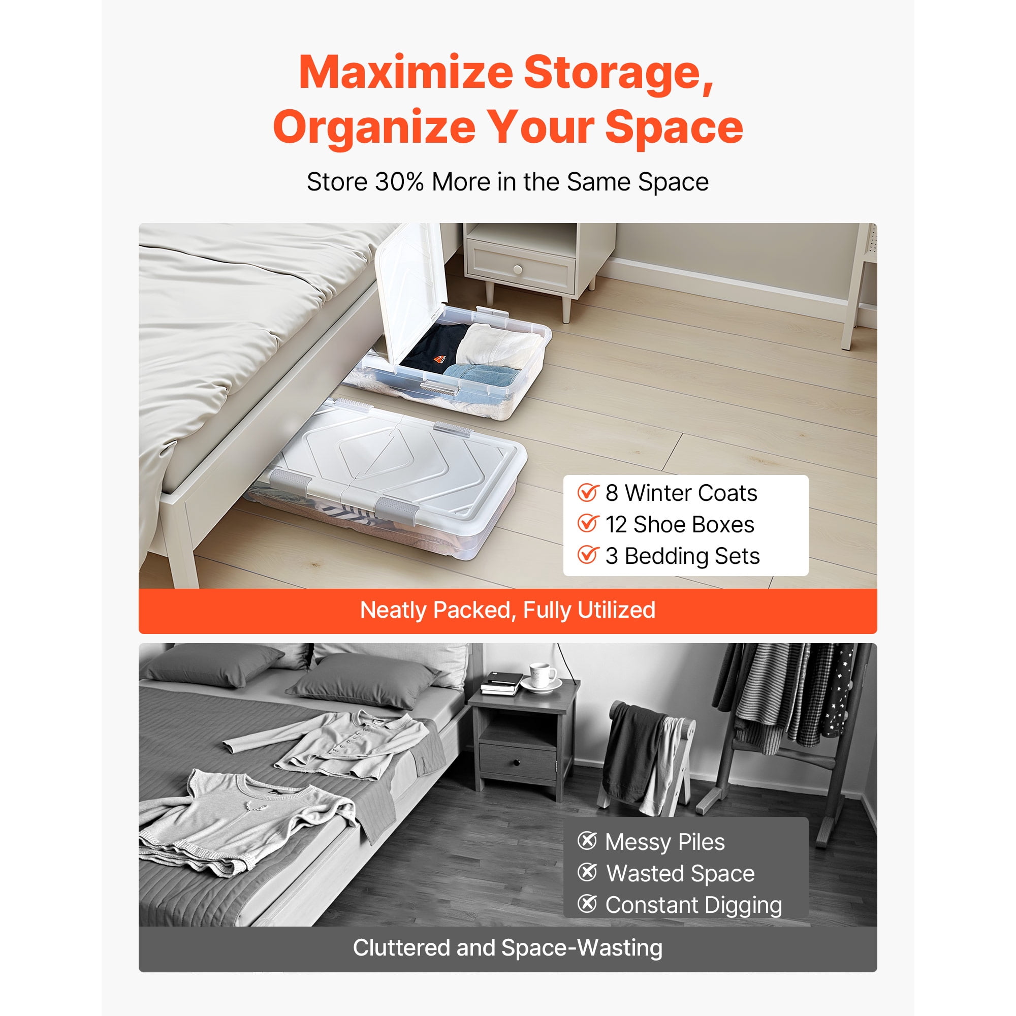 KFFKFF Under Bed Storage with Wheels, 31.7 x 15.6 x 6.9 inch Containers, Shoe Organizer with Lid & Gray Latch, Rolling Storage Bins for Clothes, Shoes, and Blankets, Set of 4