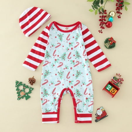 

NIUREDLTD Boys Girls Long Sleeve Christmas Romper Xmas Tree Printed Jumpsuit Hat Set