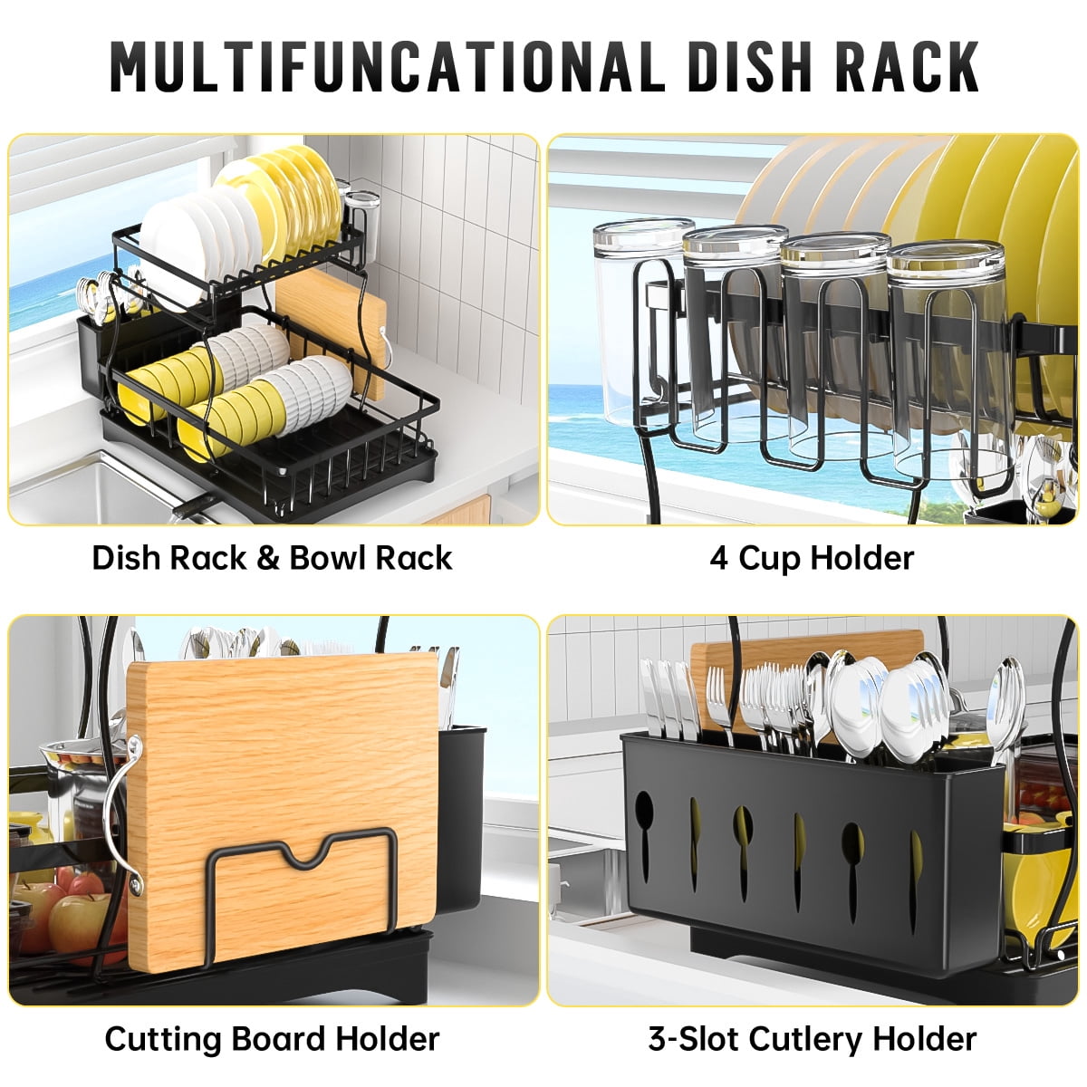 GPED 2 Tier Dish Drying Rack, Stainless Steel Dish Rack for Kitchen Counter, Kitchen Organizers and Storage Rack with Drainboard, Cutlery Holder, Cup Rack and Cutting Board Holder