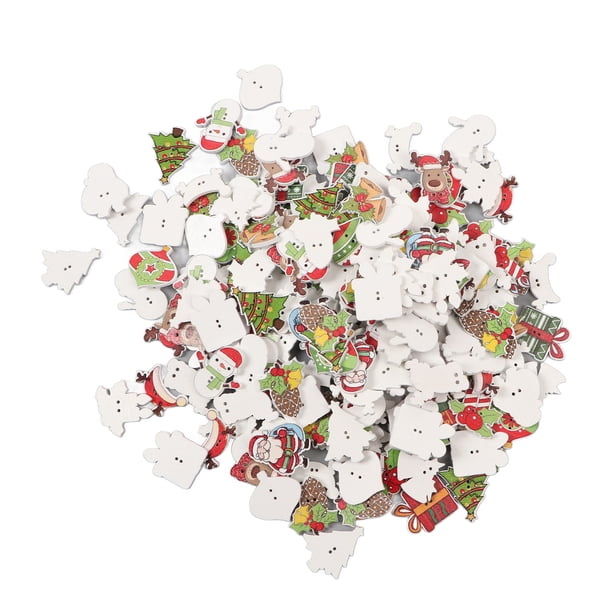 Botones de madera navideños Estilos mixtos Botones navideños decorativos surtidos para costura artesanal Tejer Un juego Parte posterior blanca 2,5 mm/0,1 pulgadas de grosor 200 piezas por paquete