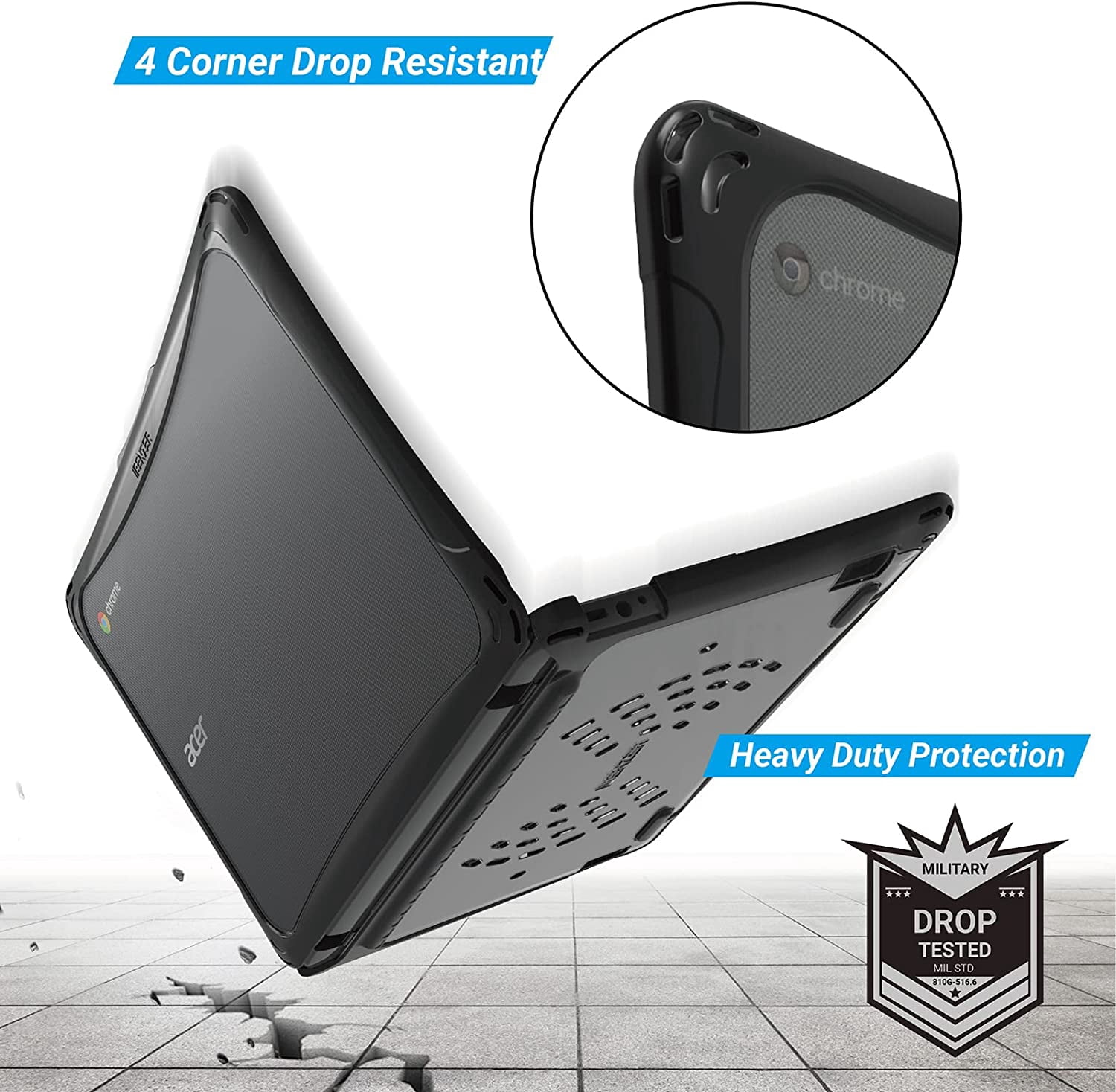 iBenzer Hexpact Case for Acer R753T/R753TN 11 inch Chromebook Spin 511, Heavy Duty Case for Acer R753T/R753TN Chromebook Spin 511 11", Protective Case for K-12 Students, Black, W-HPE-ACER R753