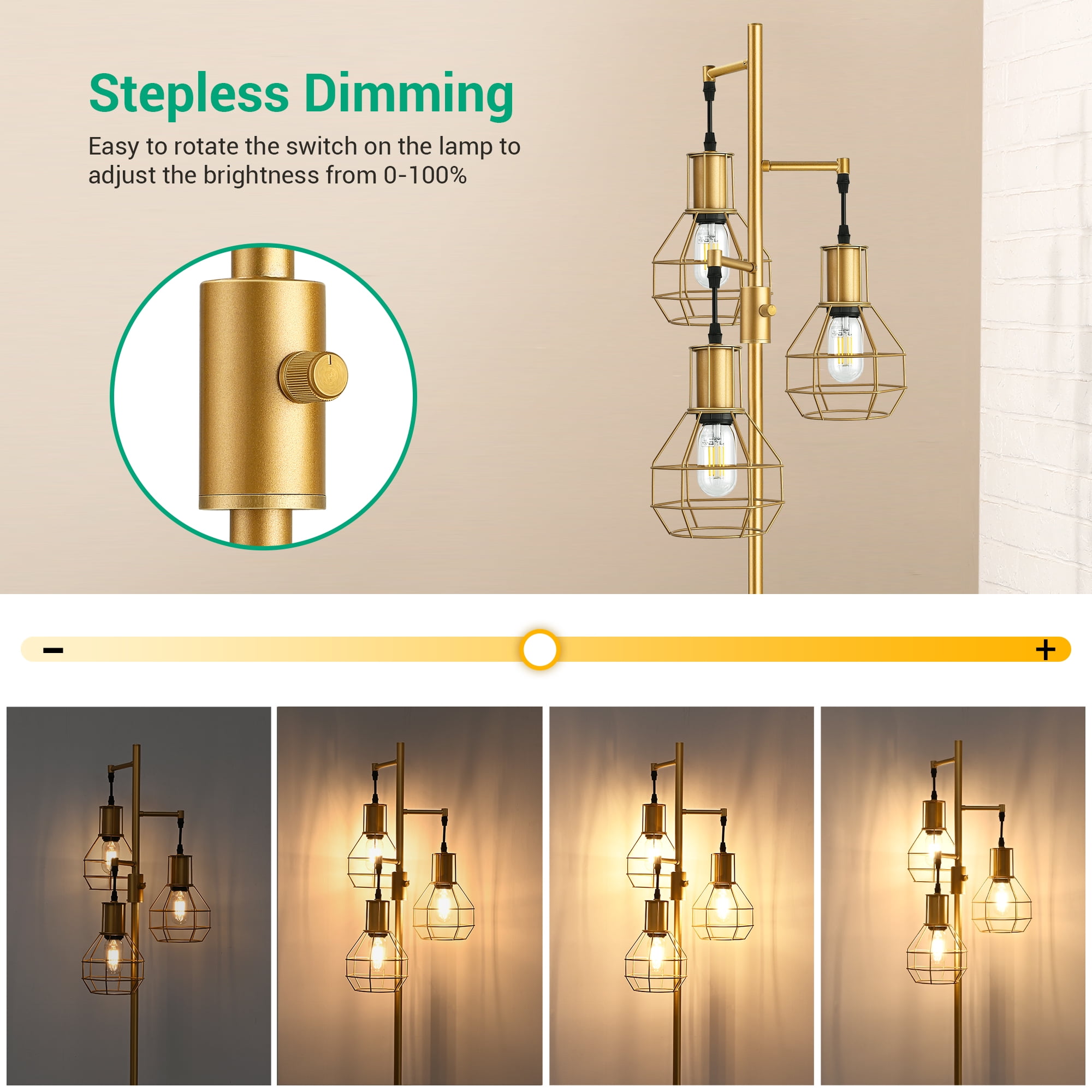 EDISHINE Dimmable Industrial Floor Lamp with 3 LED Blubs for Living Room, Gold Standing Lamp, Farmhouse Industrial Tree Lamps for Bedroom, Office