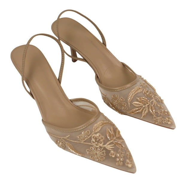 Sandalias Slingback Woman Diseñadora Bordado Flores Mal Malla Tacos Punta Puntiaguda Sandalia Mulas (6.5) Blanco