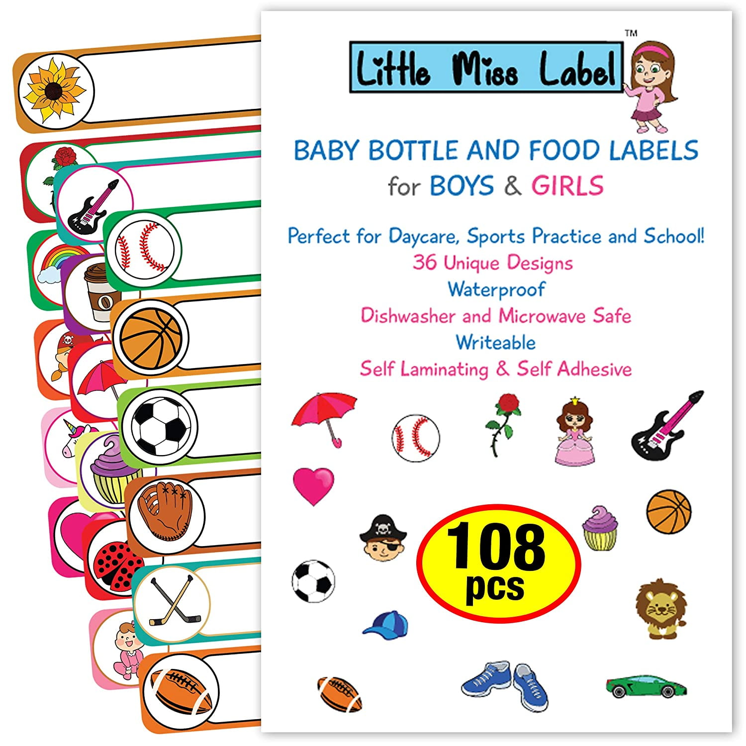 108-PACK Baby Bottle Labels, Daycare Labels. Name Labels / Clothing Labels for Daycare, School, Sports, Kids Gear. Waterproof, Self Laminating, & Heat ...