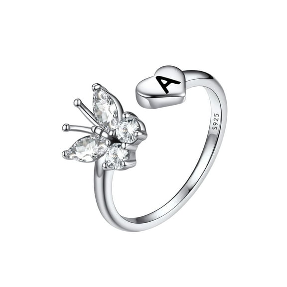 FaithHeart Sterling Silver Butterfly Initial Rings for Women Adjustable Open Stackable Heart Finger Ring Dainty Cubic Zirconia Jewelry Gift Letter A