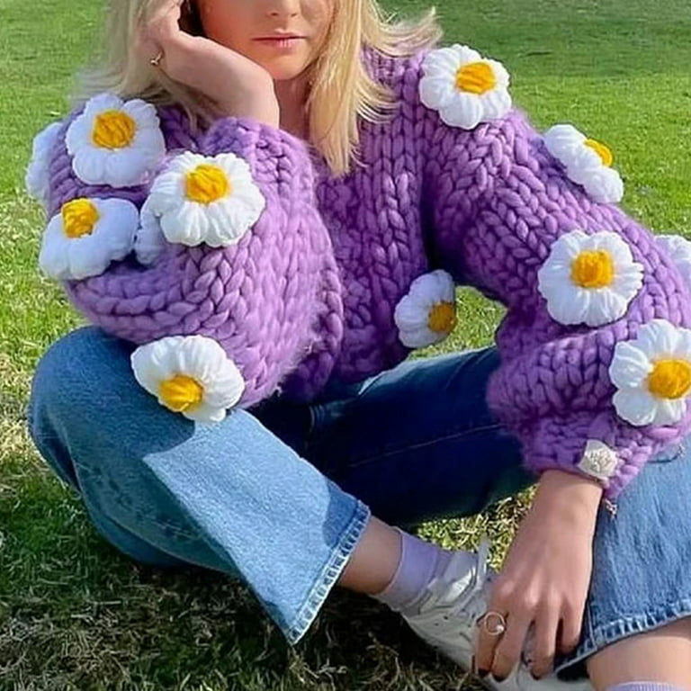 Women Puff Long Sleeve Sweater Cardigan Crochet 3D Flower Open