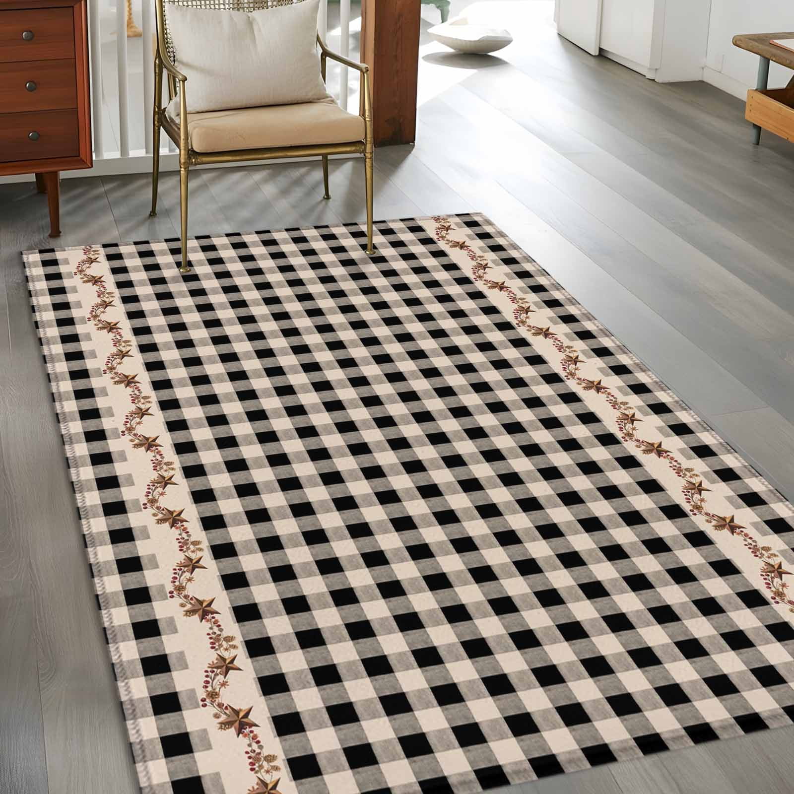 Area Rugs 2.7'x5', Western Texas Star Retro Carpet for Living Room Bedroom Dining Room, Country Vintage Black Beige Plaid Throw Kitchen Rugs Non Slip Washable Rectangle Indoor Outdoor Rugs
